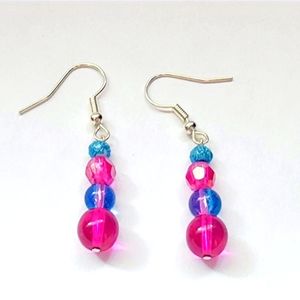 Hot pink and blue glass and acrylic beads dangle earrings
